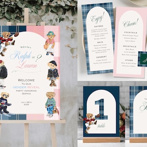 Ralph Lauren Polo Bear Gender Reveal | Welcome Sign Table Number Card | Classic Plaid Equestrian Editable Template Luxury Teddy Boy Girl