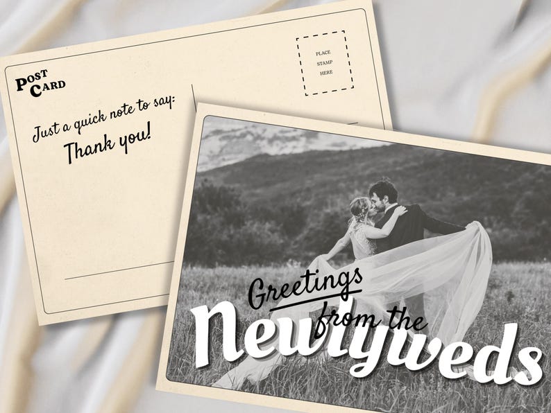 Customizable wedding thank you card template with retro postcard design and “Greetings from the Newlyweds” text. Editable Canva file with vintage aesthetic, used old paper style, and space for a wedding photo. Backside styled like a postcard for handwritten or digital notes. Perfect for newlyweds, printable wedding photo cards, modern vintage stationery, and travel-inspired wedding thank you cards. Canva template for wedding thank you photo card.