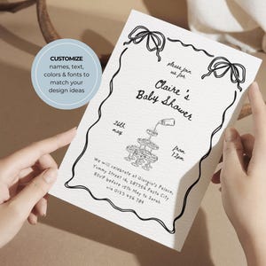 Champagne Tower Baby Shower Invitation Bundle | Editable Canva Template Gender Neutral, Boy Girl Hand Drawn Coquette Bows Bottle Handwritten