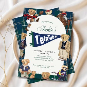 Polo Bear Boy Birthday Invitation | Pennant Flag Classic Plaid | Ralph Lauren Inspired Luxury Preppy Sport Digital Editable Template Instant