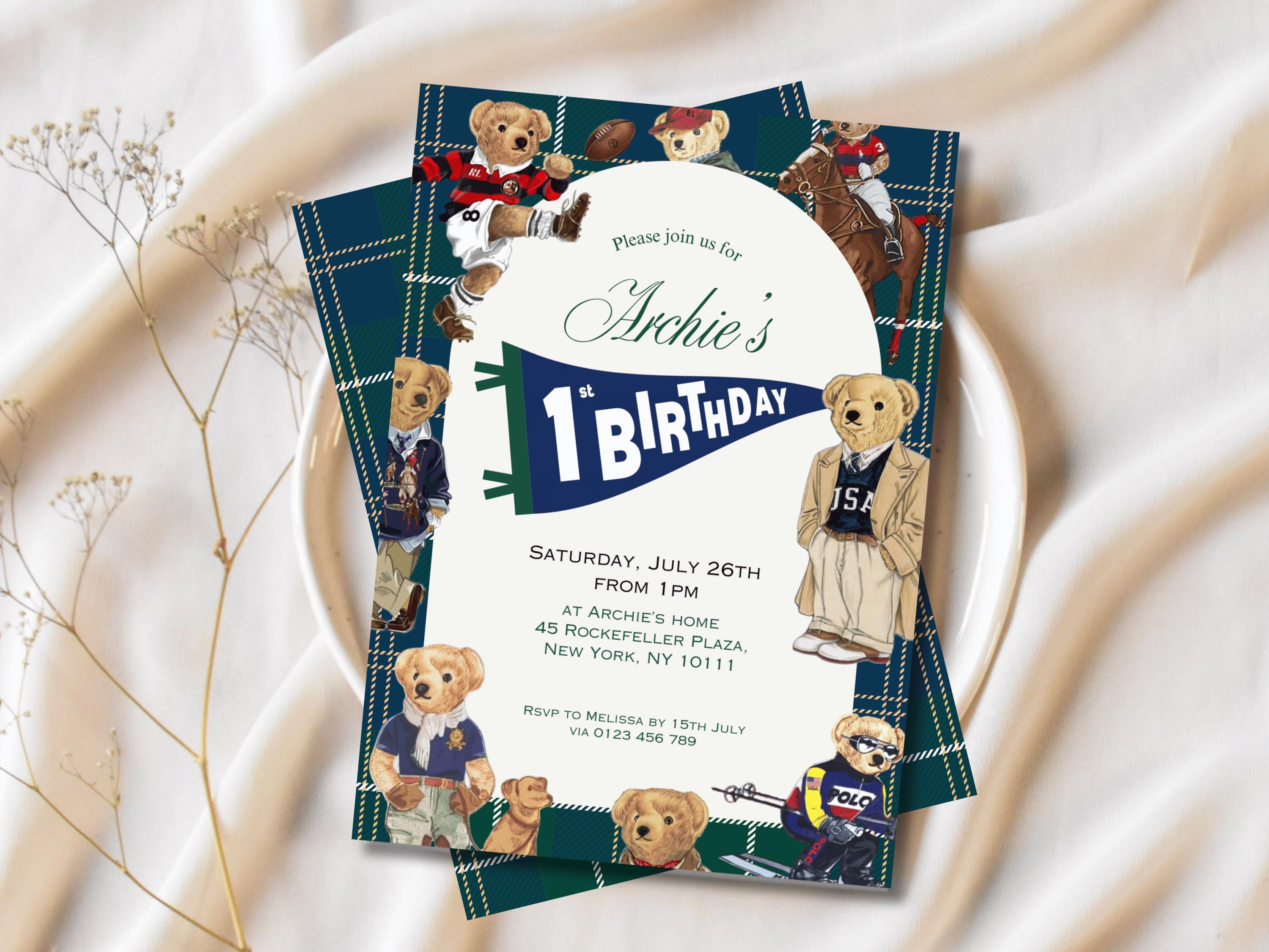 Polo Bear Boy Birthday Invitation | Pennant Flag Classic Plaid | Ralph Lauren Inspired Luxury Preppy Sport Digital Editable Template Instant