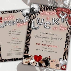Lucky in Love Bachelorette Invitation Itinerary, Las Vegas Bach Weekend, Playing Cards Vintage Cherry Leopard Casino Hen Party Editable