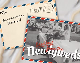 Retro Wedding Thank You Postcard: Greetings from the Newlyweds Photo Template, Editable Canva (Digital Download)