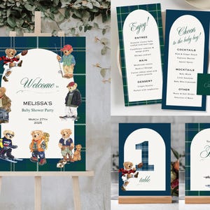 Ralph Lauren Polo Bear Boy Baby Shower | Welcome Sign Table Number Card Classic Plaid Tartan Equestrian Editable Template Luxury Teddy Theme