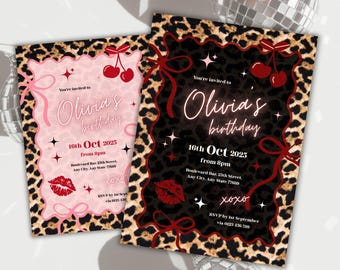 Cheetah Cherries Birthday Invitation: Neon Pink Red Leopard, Glam Girls Night Out, Bachelorette Digital Download (Editable Canva Template)