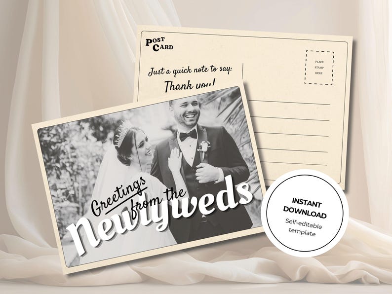 Customizable wedding thank you card template with retro postcard design and “Greetings from the Newlyweds” text. Editable Canva file with vintage aesthetic, used old paper style, and space for a wedding photo. Backside styled like a postcard for handwritten or digital notes. Perfect for newlyweds, printable wedding photo cards, modern vintage stationery, and travel-inspired wedding thank you cards. Canva template for wedding thank you photo card.