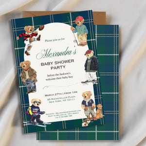 Polo Bear Baby Shower Invitation | Classic Plaid Tartan | Ralph Lauren-Inspired | Luxury Preppy Theme | Digital Editable Template Instant