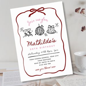 Hand-drawn birthday invitation template editable Canva design, 30th 40th 50th invite, modern whimsical bow handwritten bday party pink evite