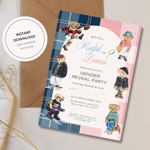 Gender Reveal Polo Bear Girl & Boy Invitation | Baby Shower Classic Plaid | Ralph Lauren Inspired Luxury Preppy Digital Editable Template