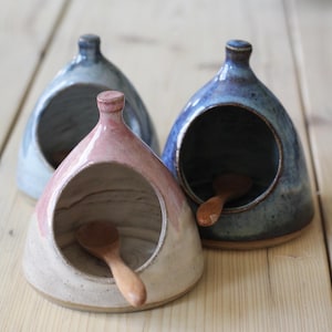 Handthrown Ceramic Salt Pig with Wooden Spoon: Pottery Salt Cellar