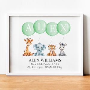 Impresión personalizada de globo de animales de la jungla, nombre, guardería, nacimiento, bebé recién nacido, imagen, póster, arte de pared, bautizo, regalo, sin marco