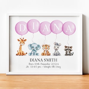 Animal Safari Balloon Personalized Name Nursery Birth New Baby Picture Print Christening Gift Unframed Custom Jungle Wild Safari Wall Art