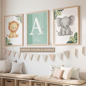 Animales de acuarela de safari, láminas para habitación infantil, decoración, niñas, bebés, habitación infantil rosa, decoración de jungla, habitación infantil bohemia, dormitorio infantil, sala de juegos, niños, arte mural