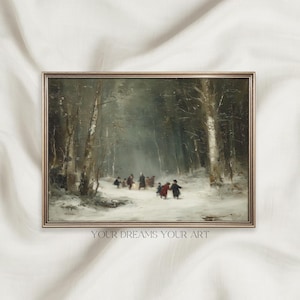 Vintage Winter Scene with Sledding Families - Cozy Printable Wall Art, Snowy Tree Lane, Nostalgic Pastoral Decor, Digital Download 454