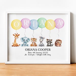 Impresión personalizada de globo de animales de la jungla, nombre, guardería, nacimiento, bebé recién nacido, imagen, póster, arte de pared, bautizo, regalo, sin marco