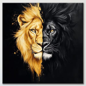 Black and Gold Lion Canvas Wall Art Dual Lion Face Print Powerful Animal Print Modern Safari Jungle Decor King of Jungle Artwork