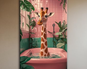 Funny Giraffe in Bathtub Canvas Print: Pink Jungle Kids Bathroom Decor