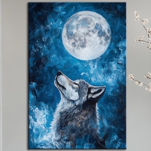 Howling Wolf Under Full Moon Print Canvas Blue Night Forest Animal Art Mystical Lunar Wildlife Print Wolf Spirit Wall Decor
