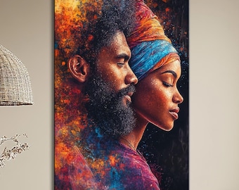 Afro Couple Canvas Print: Black Love Portrait, Colorful Wall Art