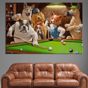 Dogs Playing Pool Canvas Print, Funny Animal Billiards Art