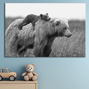 Black White Bear with Cub on Back wall art Wildlife Canvas Art Print Nature Wall Decor Funny Animal wall art Kids room decor Nursery art