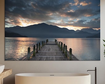 Lakeside Dock Sunset Canvas Print Mountain Landscape Wall Art Tranquil Nature Scene art Pier lake shore landscape art Living room decor