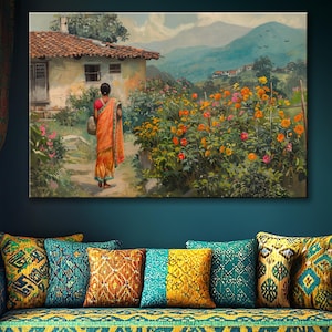 Indian Village Woman Canvas Wall Art Rural India Landscape Print Traditional Artwork Floral Garden Mountain Scene art Ethnic Home Decor