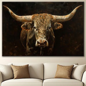 Texas Longhorn Bull Canvas Western Wall Art Rustic Farmhouse Decor Country Style Animal Print Bull Wall Print for Ranch House