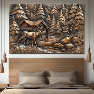 Woodland Deer Print Canvas Rustic Cabin Wall Art Nature Lodge Wall Decor Woodlands Scene Wall Art Hunting Lodge Gift Deer Canvas Wall Art