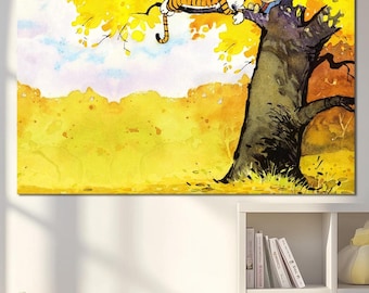 Boy and Tiger dreaming canvas Large wall art Kids room decor Nursery decor 1st birthday gift Funny tiger art Canvas wall art