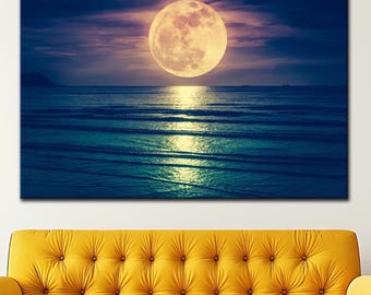 Full Moon Over Ocean art canvas Night Sky Moonlight Reflection print Mystical Seascape Wall Art Celestial Beach Print Lunar Glow art canvas