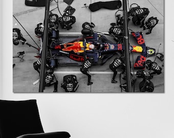 F1 Pit Stop Wall Art Aerial View canvas High Speed Motorsport Action print Race car canvas Auto racing wall art Formula One canvas wall art
