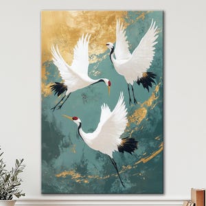 Japanese Crane Wall Art Elegant Bird Print Gold and Teal Crane Canvas Print Asian Style Home Decor Symbolic Nature Artwork Oriental Bird art