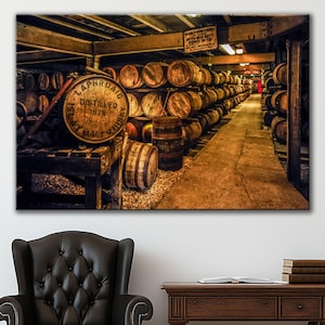 Whiskey Barrel Wall Art Distillery Canvas Print Rustic Bar Decor Whisky Warehouse Print Vintage Industrial Wall Art