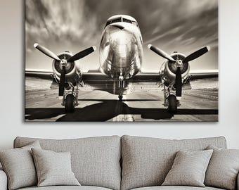 Black and White Airplane Canvas Print: Propeller Aircraft Wall Art