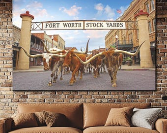 Longhorn Bulls Canvas Wall Art: Fort Worth Stockyards, Wild West Decor