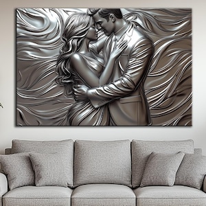 Romantic Couple Wall Art Silver Hug Print Modern Love Look Canvas Print Passionate Lovers Embrace Canvas Elegant Bedroom Wall Decor