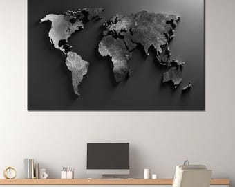 Modern world map canvas print Black office wall decor Minimalist large art Housewarming gift