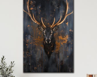 Whimsical Deer Canvas Art: Golden Abstract Stag Print, Ready to Hang