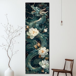 Elegant Dragon Wall Art Asian Artwork Floral Dragon Print Art Mythical Creature Decor Chinese Dragon Print Narrow wall art Housewarming gift