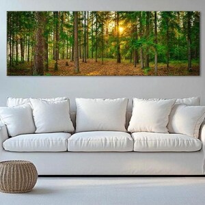 Forest Sunset Print Canvas Panoramic Forest Wall Art Print Green Trees Landscape Canvas Sunlight in Woods Art Nature Print Wide Wall Decor