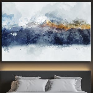Golden Peak canvas Watercolor Mountain wall art Landscape Art Print Abstract Nature Wall art Blue Mountains canvas Navy Modern Wall Decor