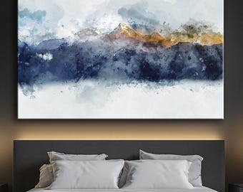 Watercolor Mountain Canvas Art: Abstract Navy Blue Landscape Print