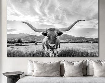 Black and White Longhorn Canvas Print: Rustic Farmhouse Wall Art