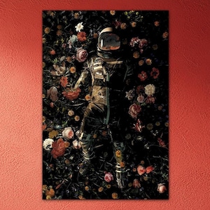 Astronaut canvas wall art Space canvas print Astronaut flowers Planet decor art Earth space canvas art Flower decor Modern canvas wall art