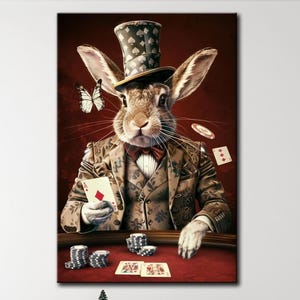 Bunny poker canvas print Quirky gambler animal wall art Game room decor Poker Rabbit fun art print Large canvas wall art Whimsical bunny art