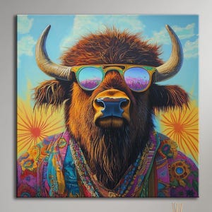 Colorful Bison Wall Art Hippie Buffalo with Sunglasses Boho Animal Canvas Print Vibrant Western Wildlife Artwork Retro Cow Home Decor Print