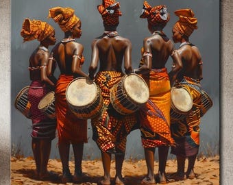 African Drummers canvas Traditional black women wall art Vibrant Cultural art print Colorful Afrocentric decor Tribal Music Canvas Print