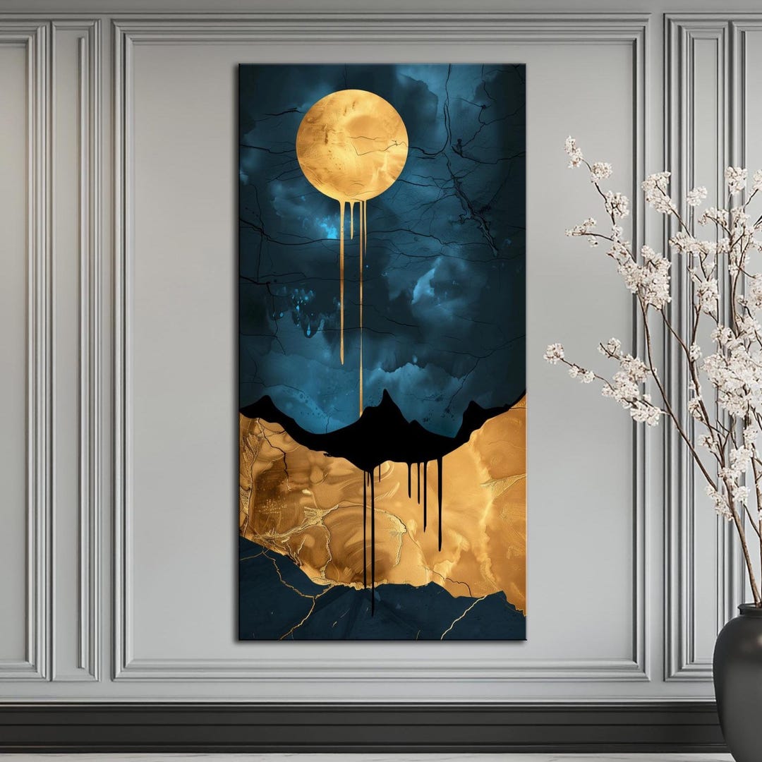 Gold Moon Abstract Canvas Print: Navy Blue Luxury Wall Art - Etsy