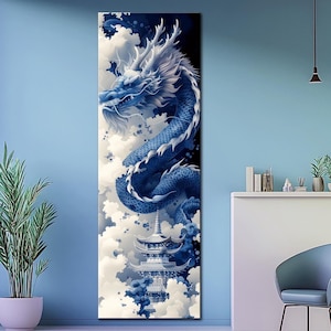 Blue Oriental Dragon Wall Art Mythical Asian Dragon Wall Art Pagoda Design print canvas Mythical Creature Print Abstract Chinese Wall Decor